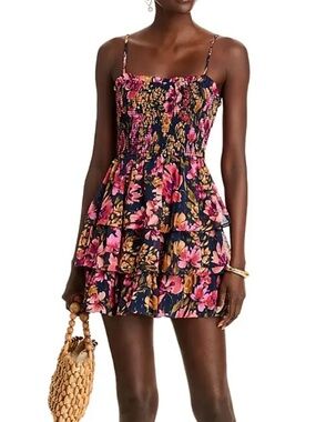 Aqua Navy Floral Smocked Tiered Mini Dress with Pink and Gold Blooms